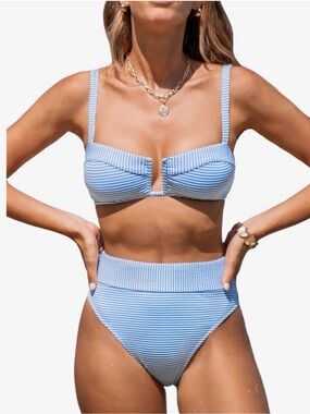 Cupshe Light Blue Striped High-Waist Bikini Set